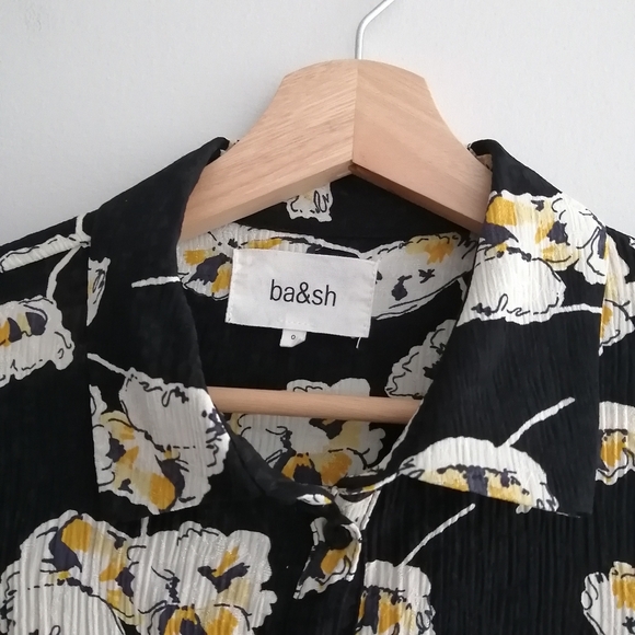 Ba&Sh Una Plisse Pleated Floral Button Up Black w Cream Yellow Flowers XS - Picture 6 of 16